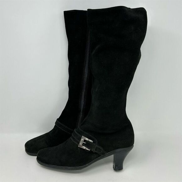 La Canadienne Women's Black Knee High Boots Size 8 Mid Heel Buckle Square Toe - Picture 6 of 12